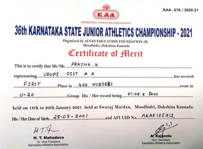 First Place in Karnataka State Junior Athletics Meet 2021