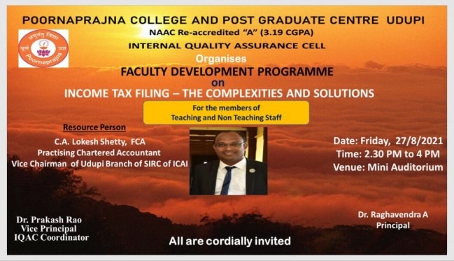 IQAC organises Faculty Development Program INCOME TAX FILING THE COMPLEXITIES AND SOLUTIONS