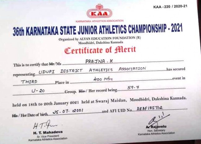 First Place in Karnataka State Junior Athletics Meet 2021