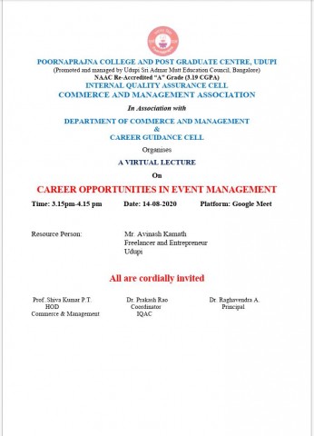 Virtual Lecture on Career opportunities in Event Management Invitation
