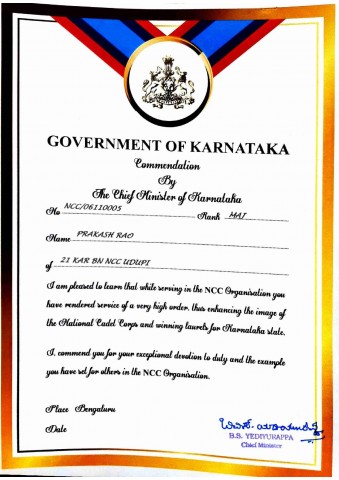 Commendation by The Chief Minister of Karnataka