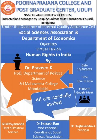 Social Sciences Association and Department of Economics organizes Virtual Talk on Human Rights in India 