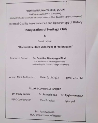 Inaugration of "Heritage Club" & Guest talk on "Historical Heritage -Challenges preservation"