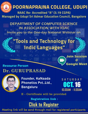 One-day National Webinar  Tools and Technology for Indic Languages