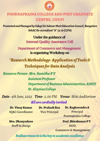  Workshop on Research Methodology- Application of Tools and Techniques for Data Analysis