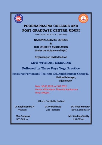 Guest talk on  life without medicine followed by three days yoga practice